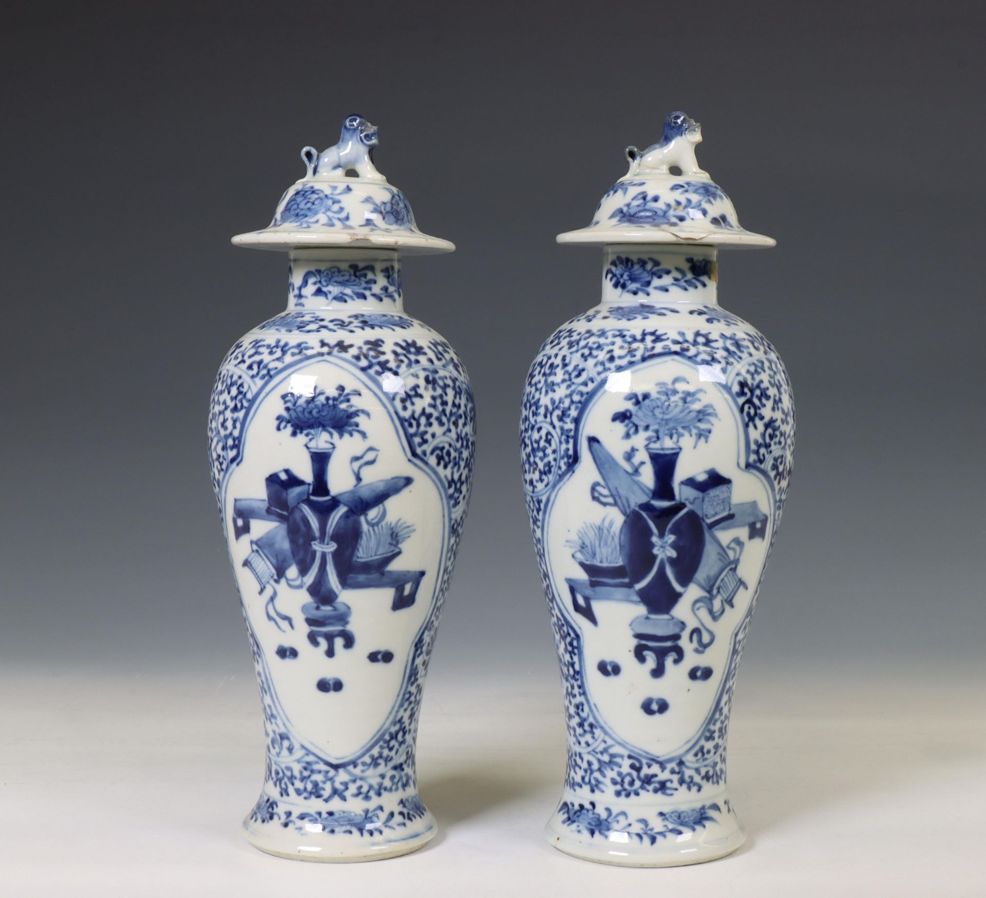 China, a pair of blue and white porcelain baluster vases and covers, 19th century, - Image 3 of 3