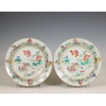 China, a pair of famille rose 'Mandarin ducks and Daoist Immortals' plates, ca. 1740,