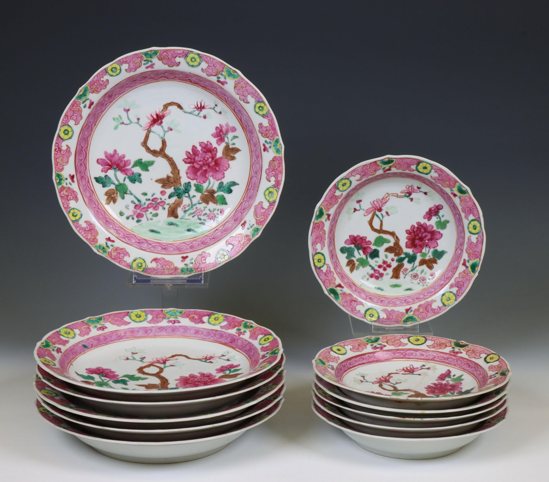 China, two sets of six famille rose porcelain deep dishes, late Qing dynasty (1644-1912),
