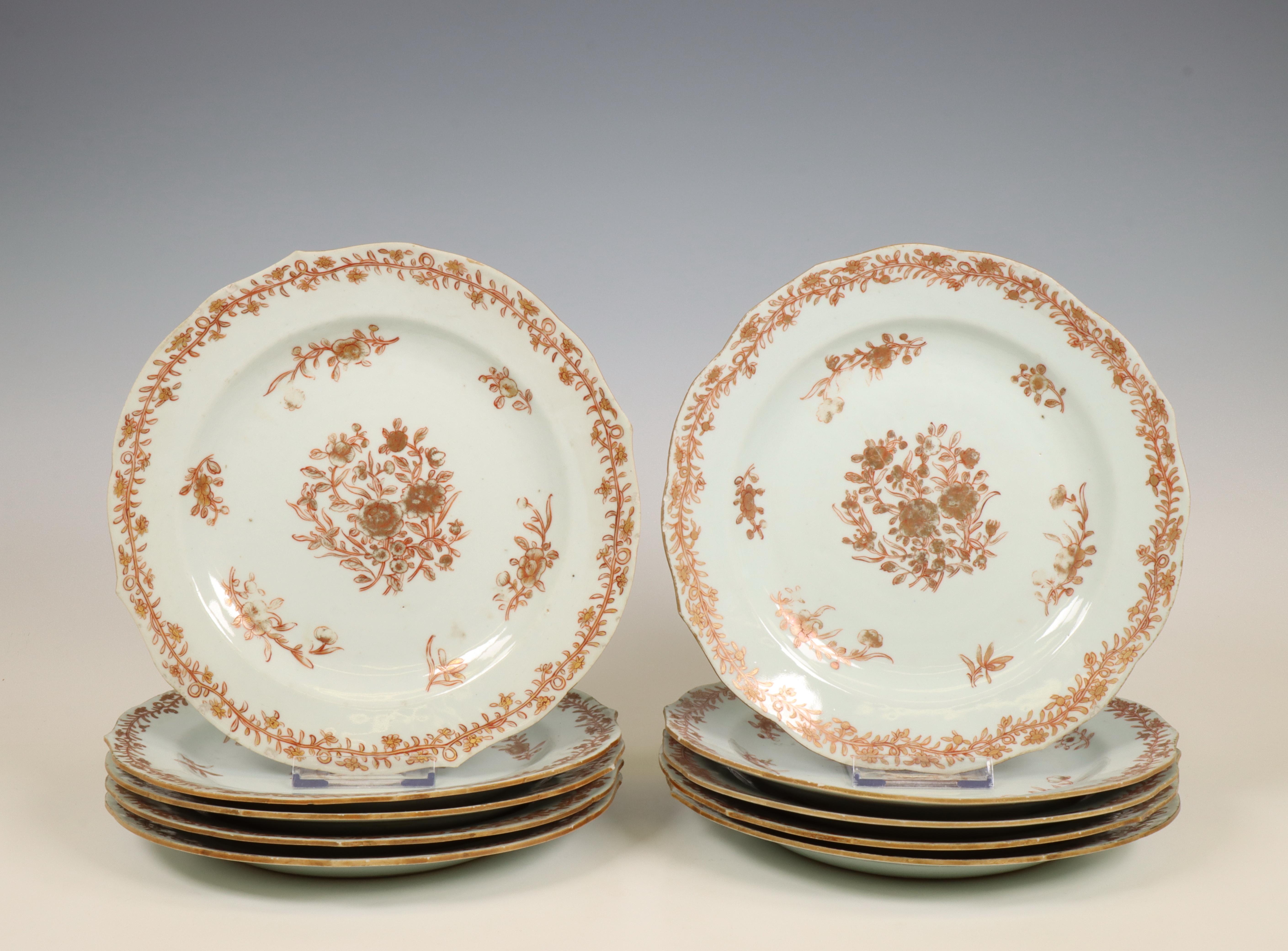 China, a set of ten iron-red and gilt porcelain plates, 18th century,