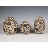 China, three crackle-glazed 'lotus' ginger jars and covers, 19th century,