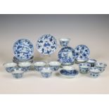 China, collection of blue and white cups and saucers, 18th century,