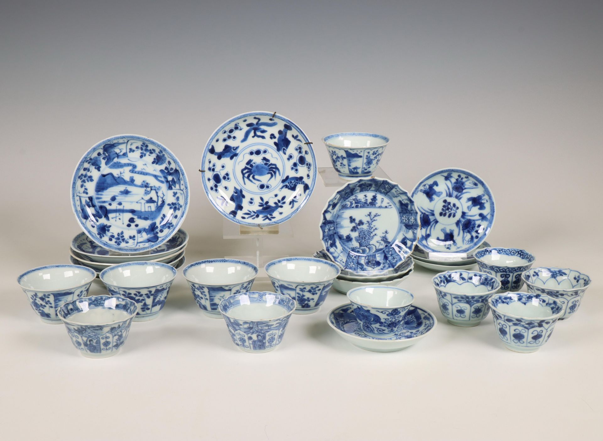 China, collection of blue and white cups and saucers, 18th century,