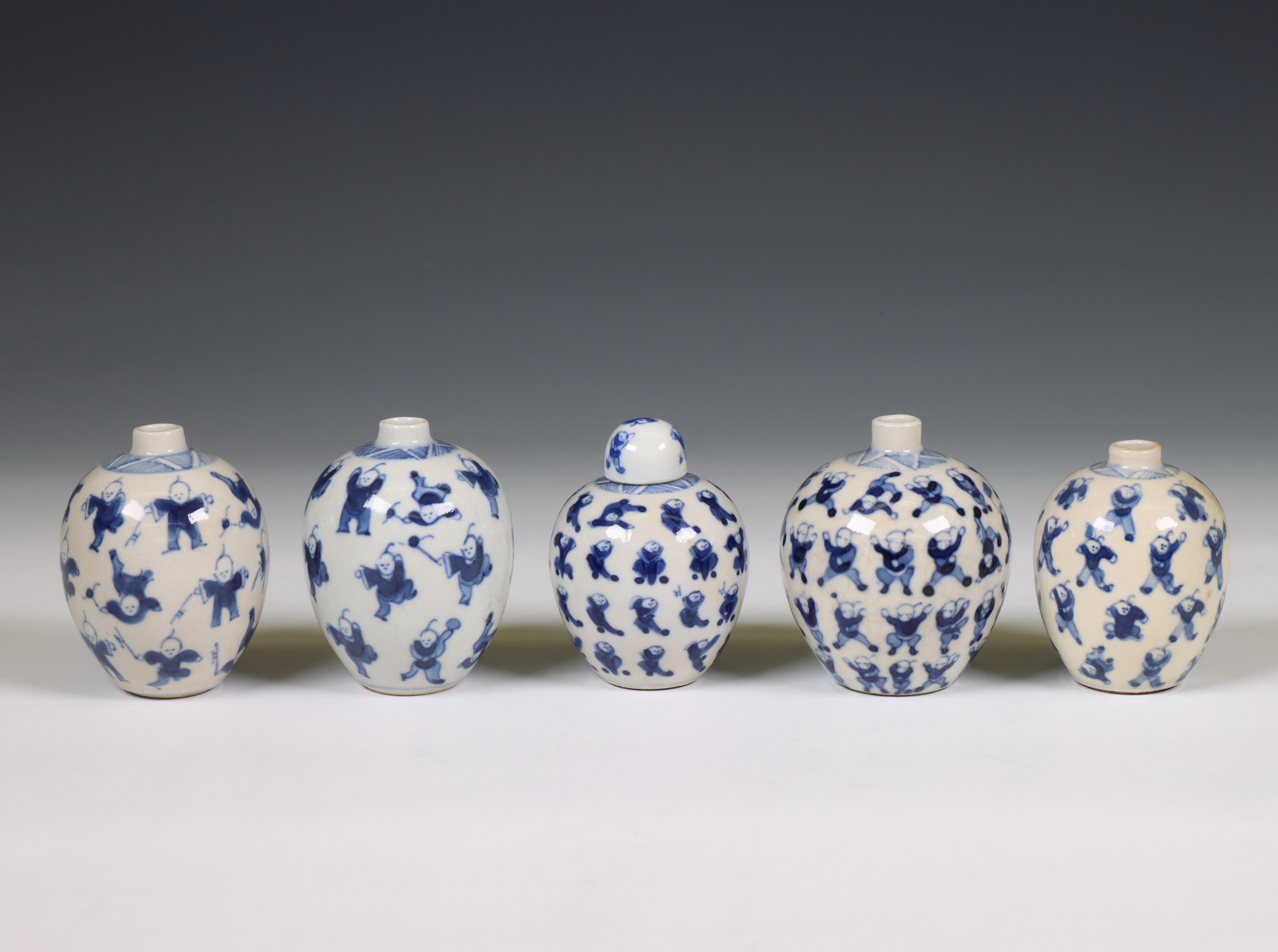 China, five soft paste blue and white 'one hundred boys' jarlets, 19th century, - Image 2 of 5