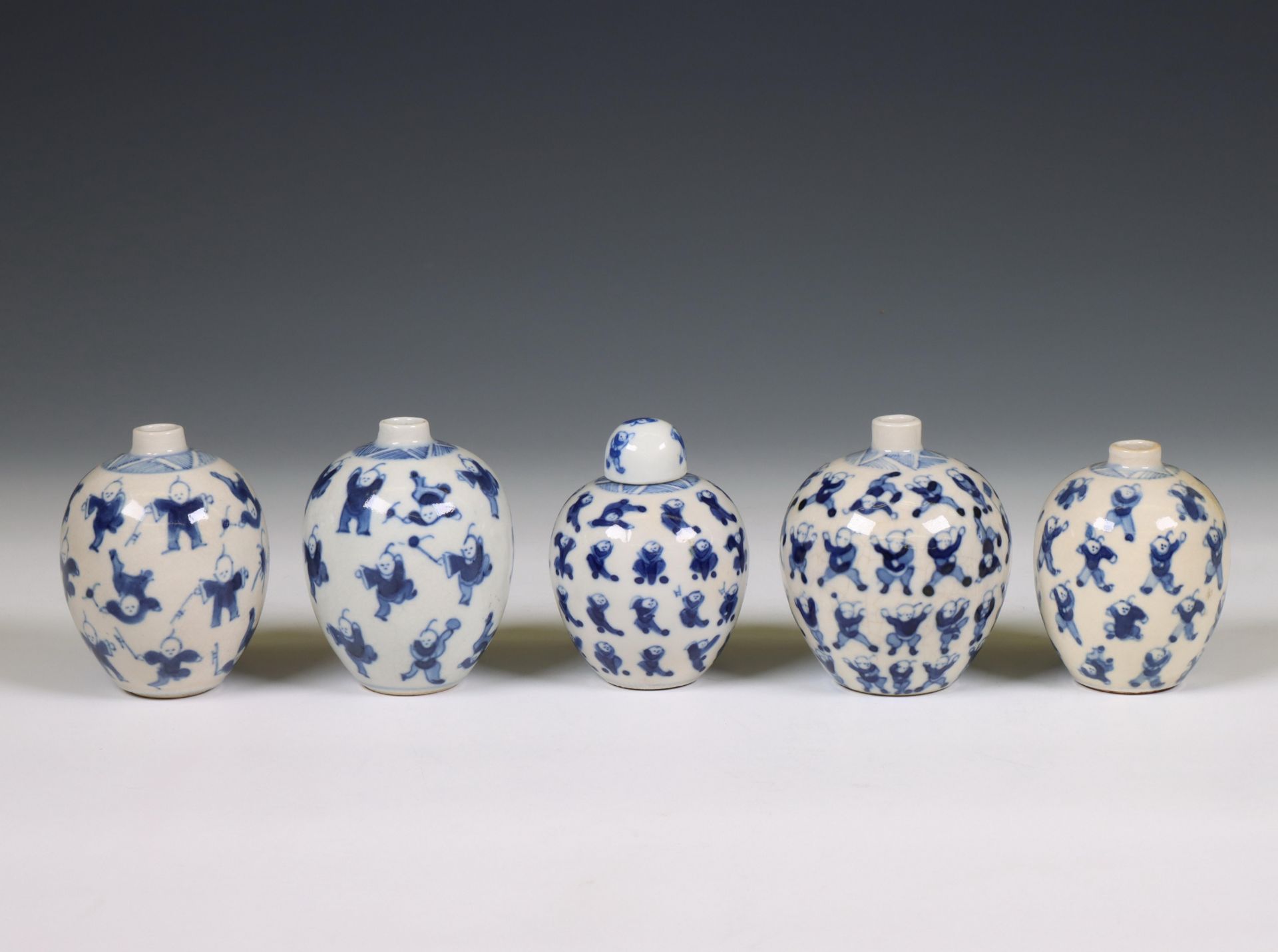 China, five soft paste blue and white 'one hundred boys' jarlets, 19th century, - Image 2 of 5