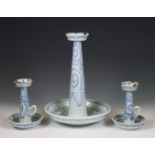 China, three blue and white porcelain candlesticks, 20th century,