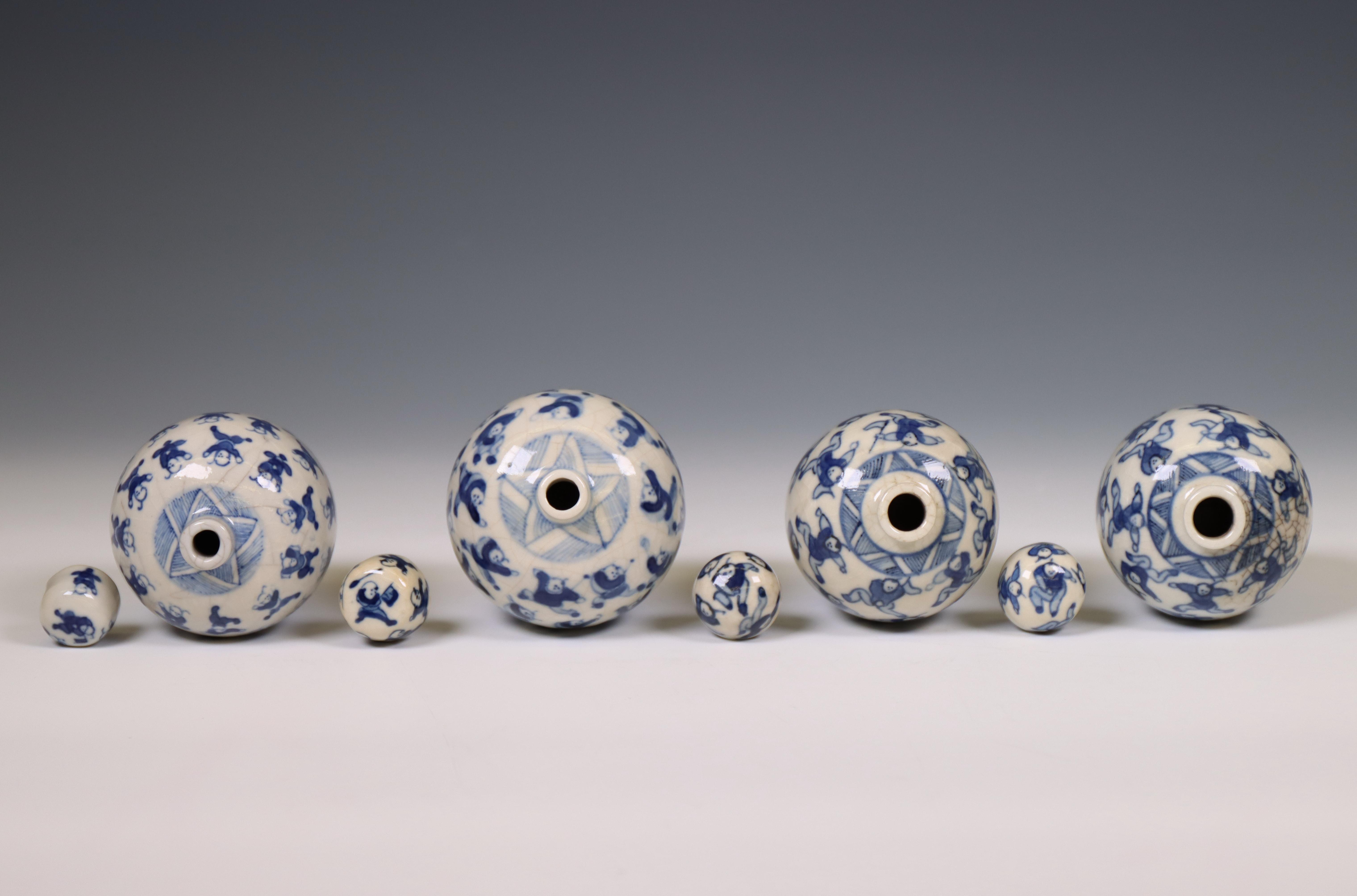 China, four soft paste blue and white 'one hundred boys' jarlets and covers, 19th century, - Image 7 of 11