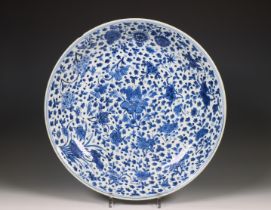 China, large blue and white porcelain floral dish, 18th-19th century,