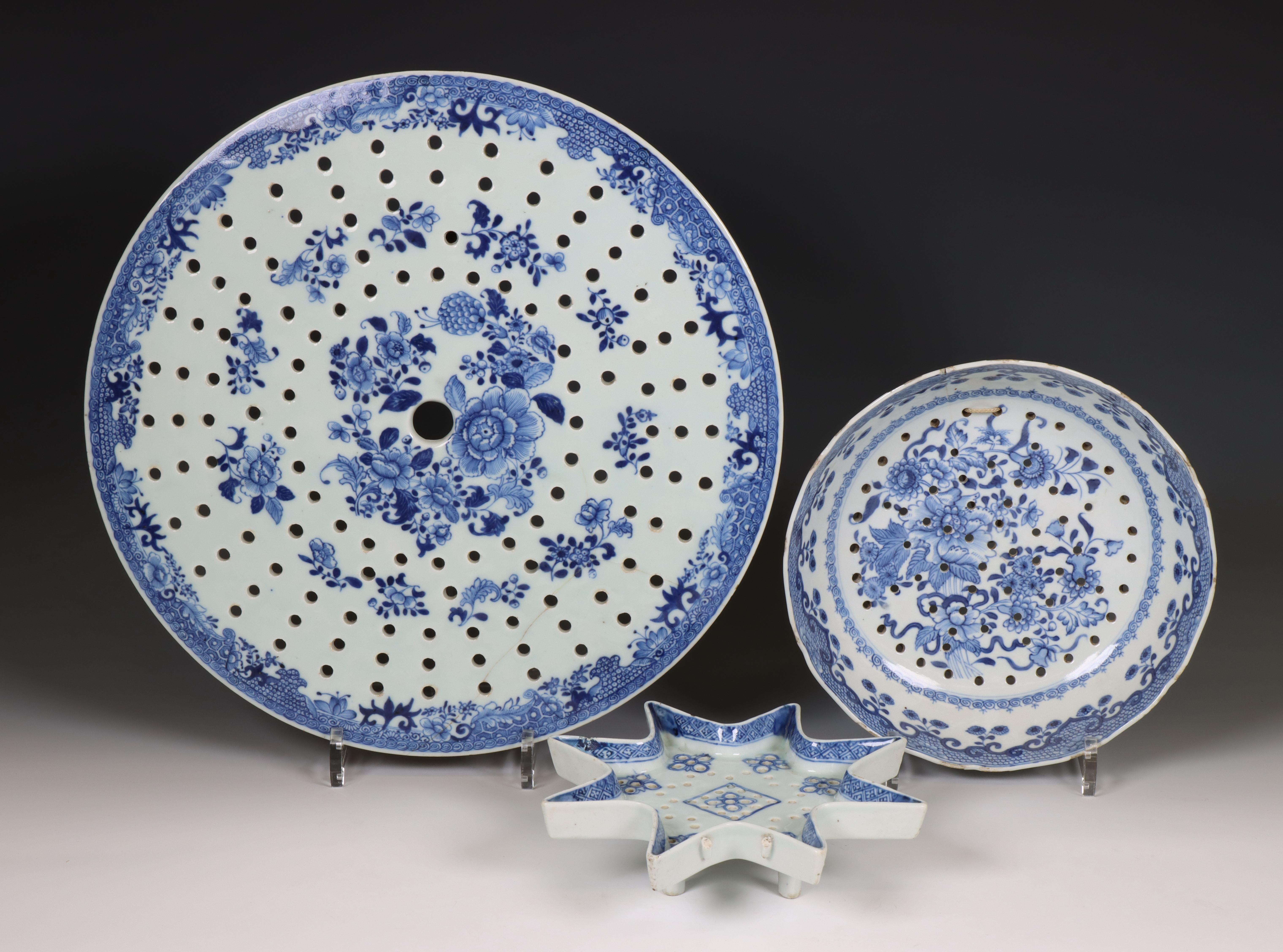 China, three various blue and white porcelain strainers, Qianlong period (1736-1795),