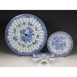 China, three various blue and white porcelain strainers, Qianlong period (1736-1795),