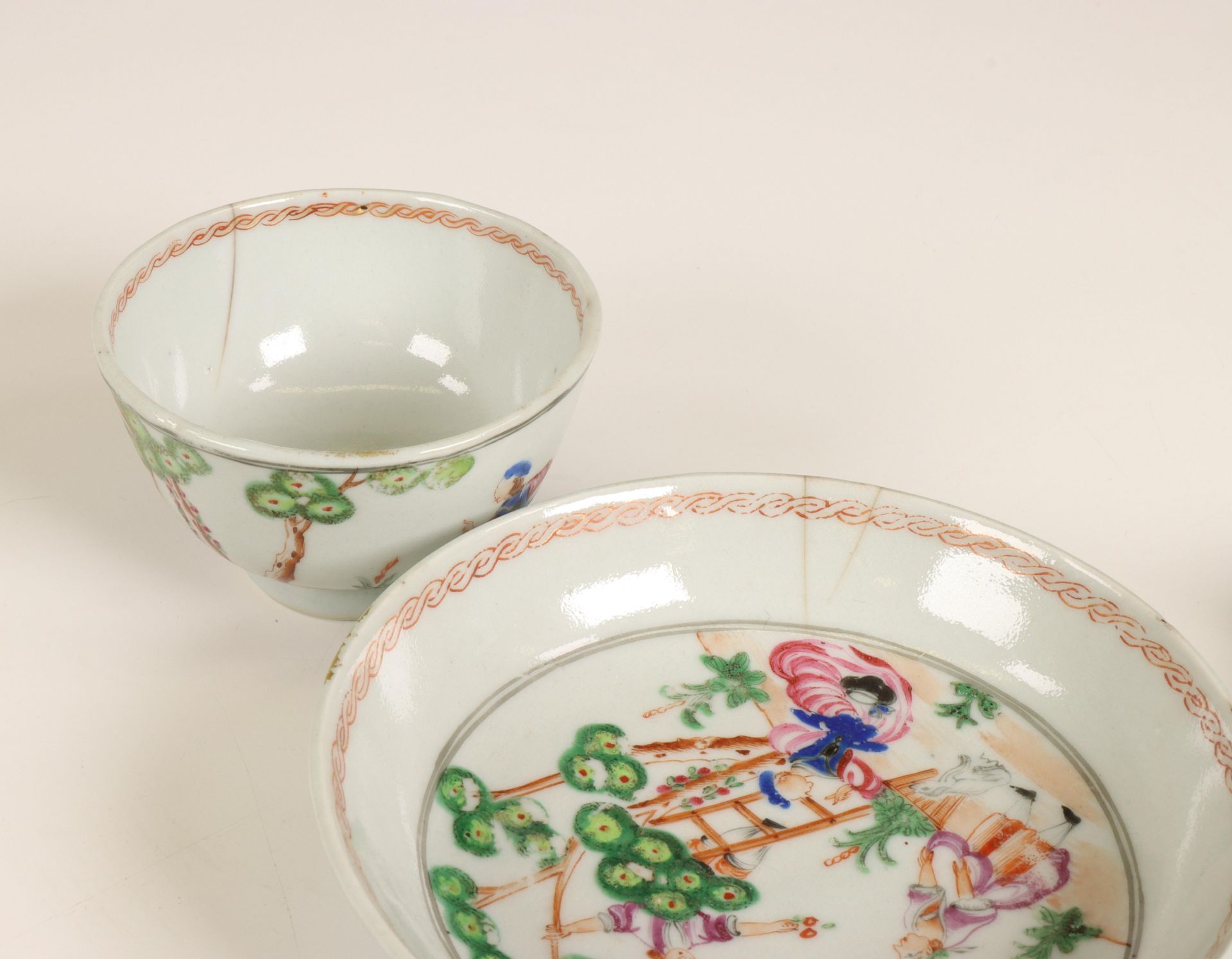 China, a set of three export porcelain 'Cherry Pickers' cups and saucers, 18th century, - Image 3 of 4