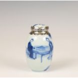 China, a silver-mounted blue and white porcelain oviform tea-caddy and cover, Kangxi period (1662-17
