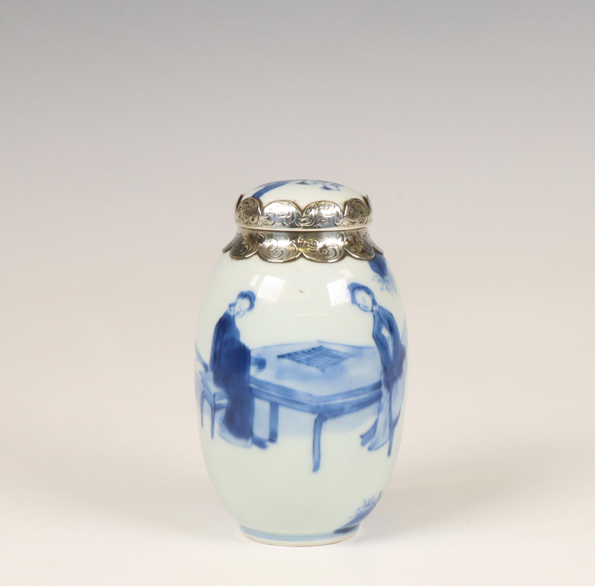 China, a silver-mounted blue and white porcelain oviform tea-caddy and cover, Kangxi period (1662-17