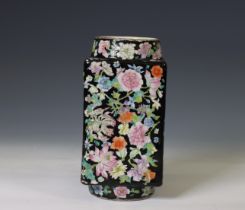 China, a black-ground famille rose porcelain 'millefleurs' cong vase, 19th century,
