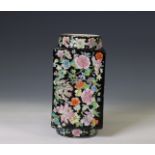 China, a black-ground famille rose porcelain 'millefleurs' cong vase, 19th century,