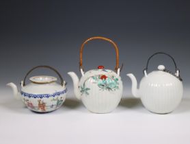 China, three ribbed porcelain teapots and covers, 19th-20th century,