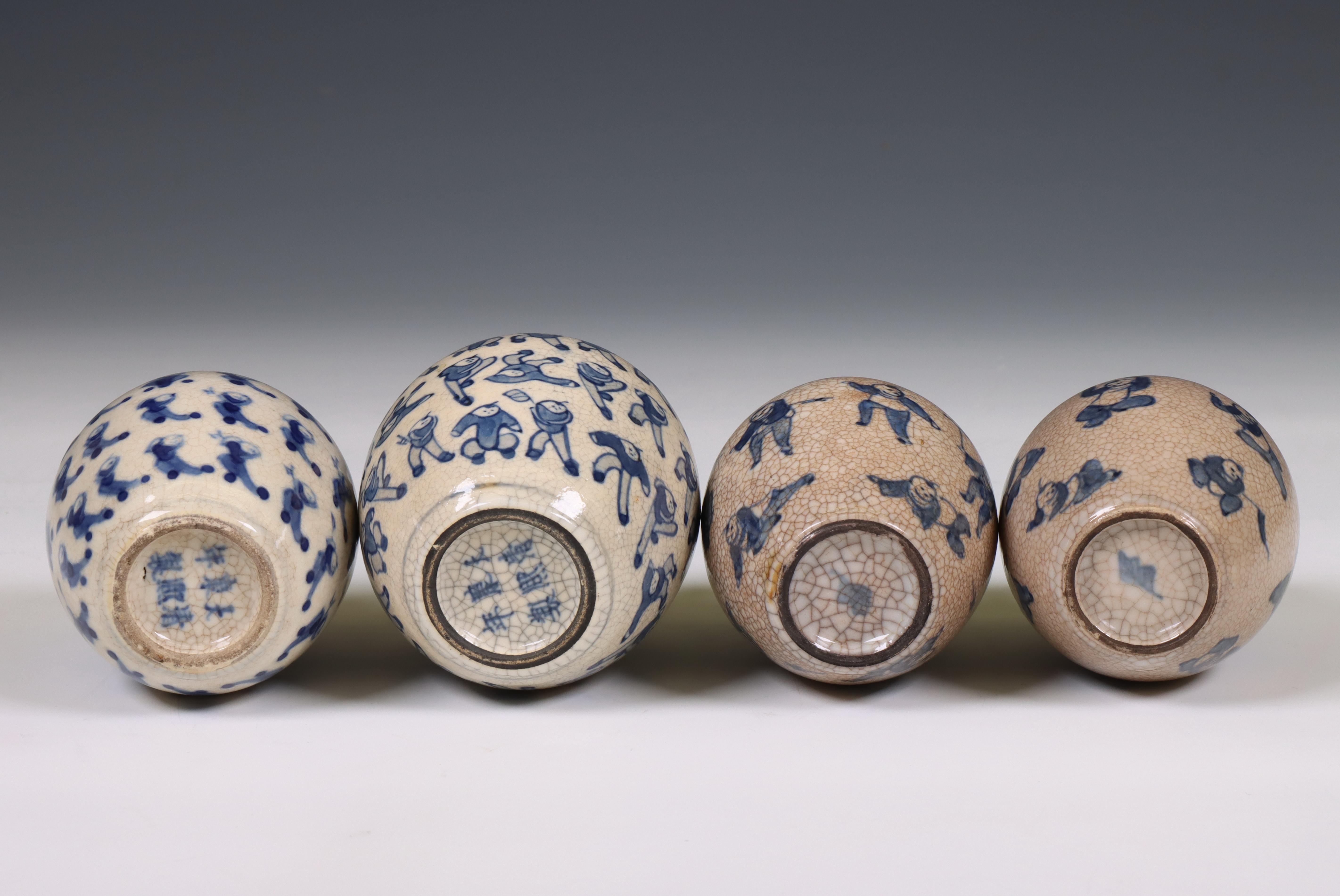 China, four soft paste blue and white 'one hundred boys' jarlets and covers, 19th century, - Image 4 of 5