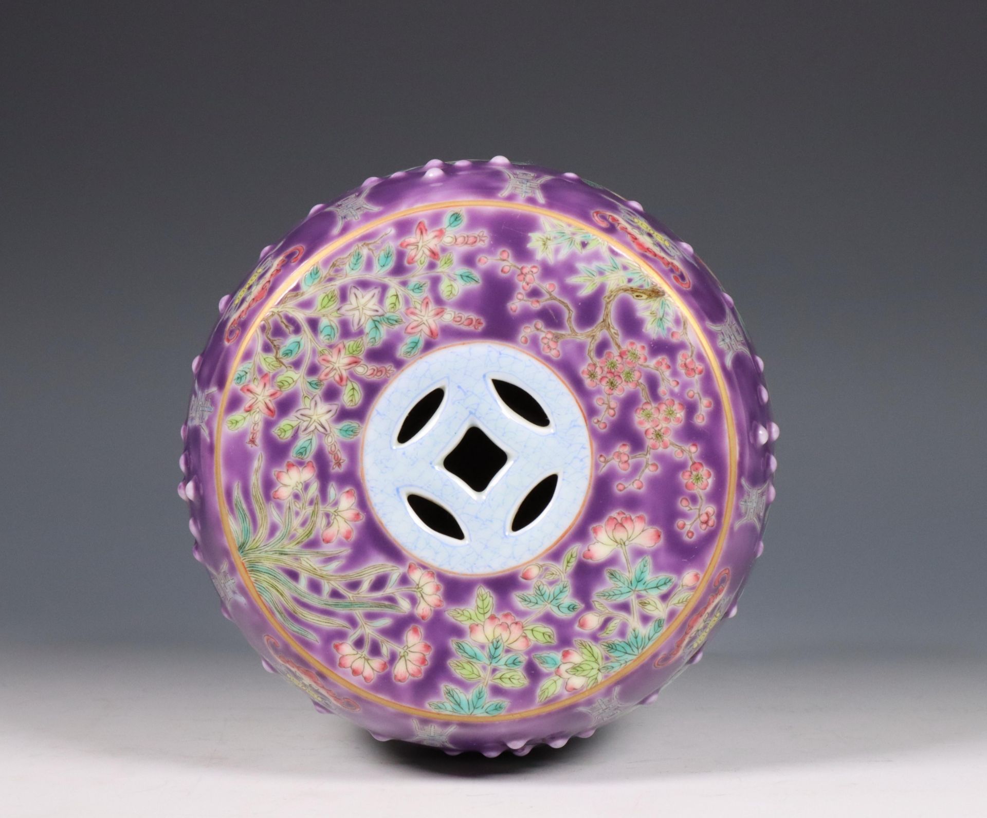 China, purple-ground famille rose porcelain miniature garden-seat, 20th century, - Image 3 of 5