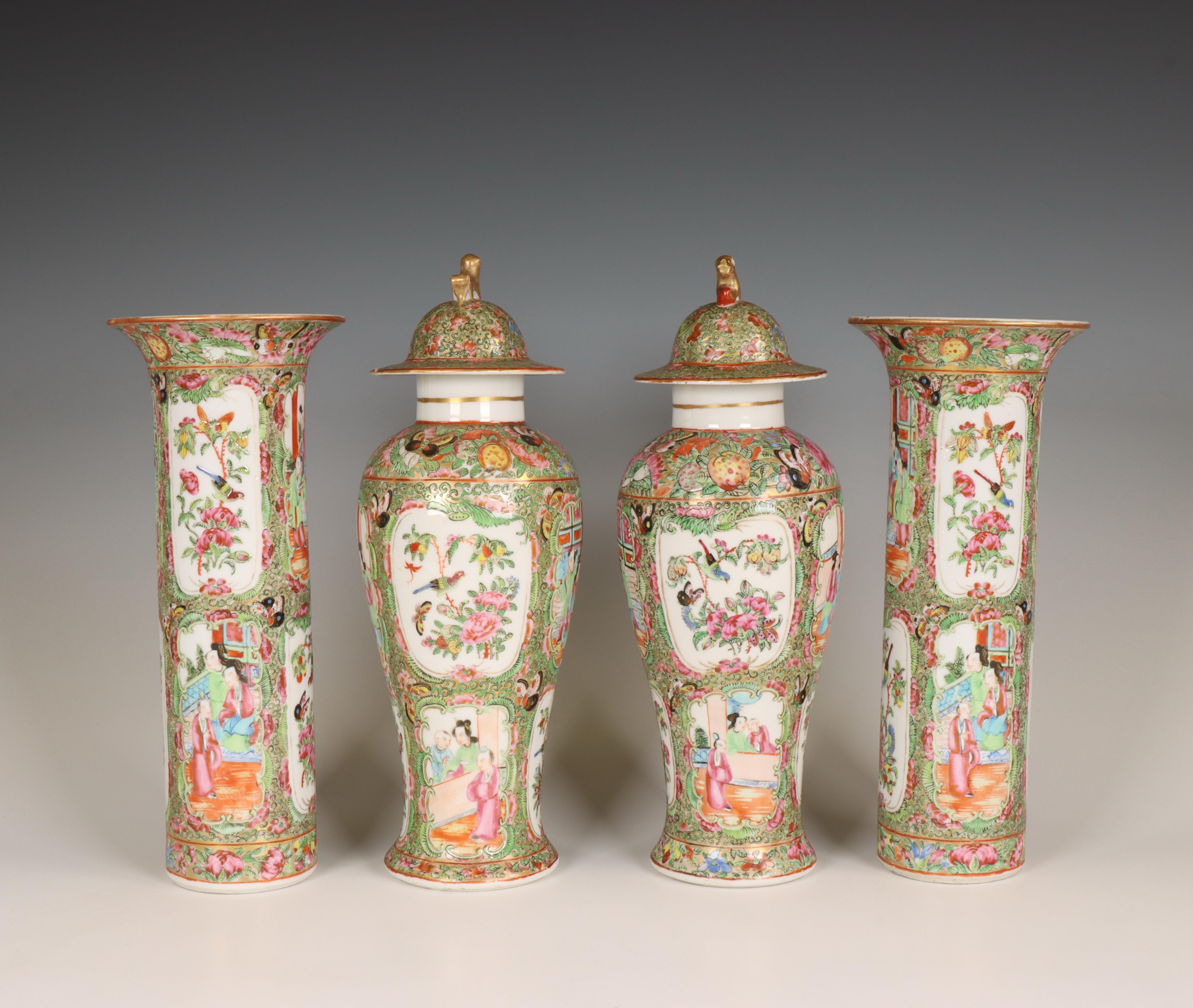 China, a four-piece Canton famille rose porcelain garniture, 19th century, - Image 5 of 10