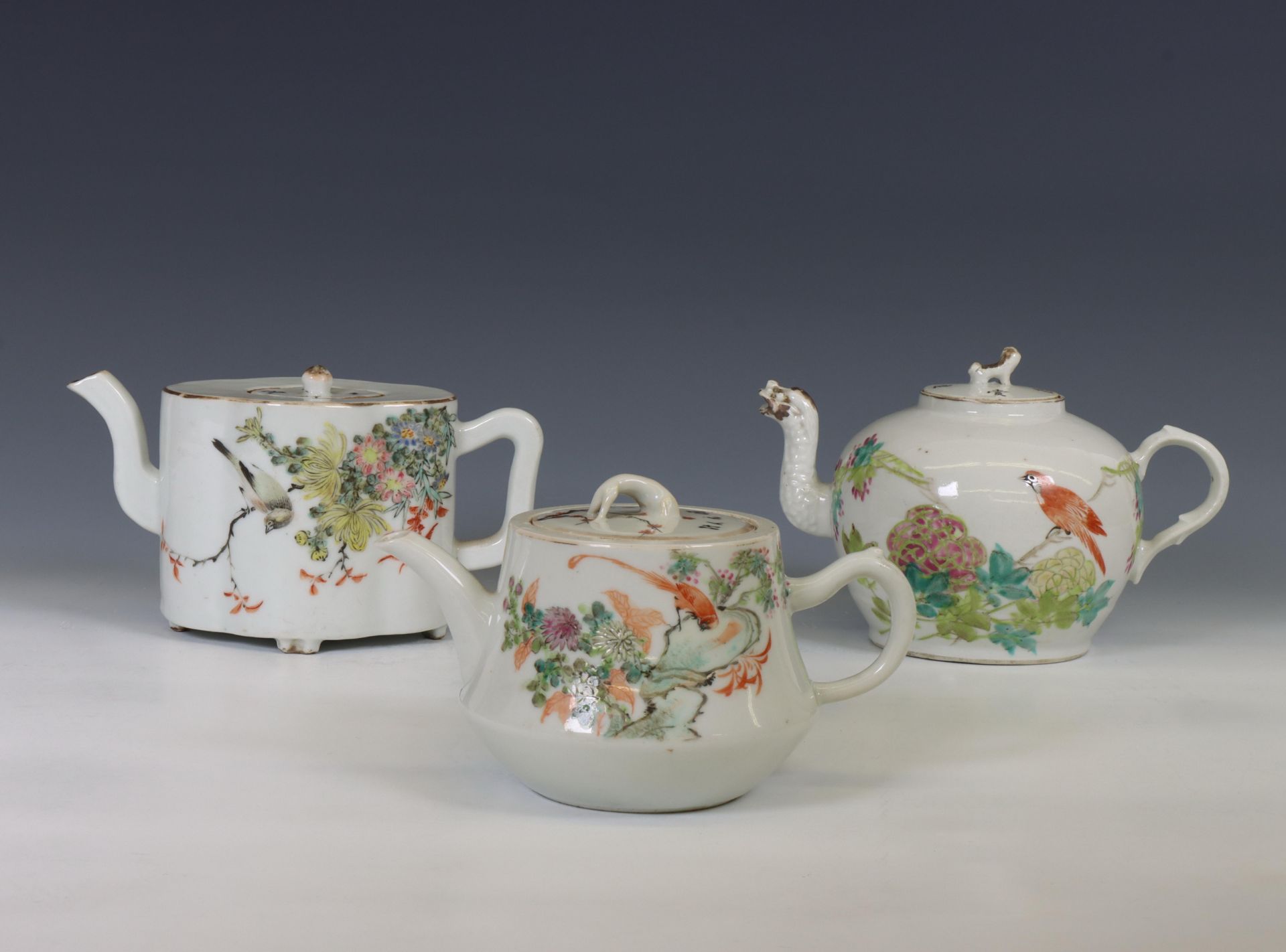 China, three famille rose porcelain teapots and covers, 20th century,