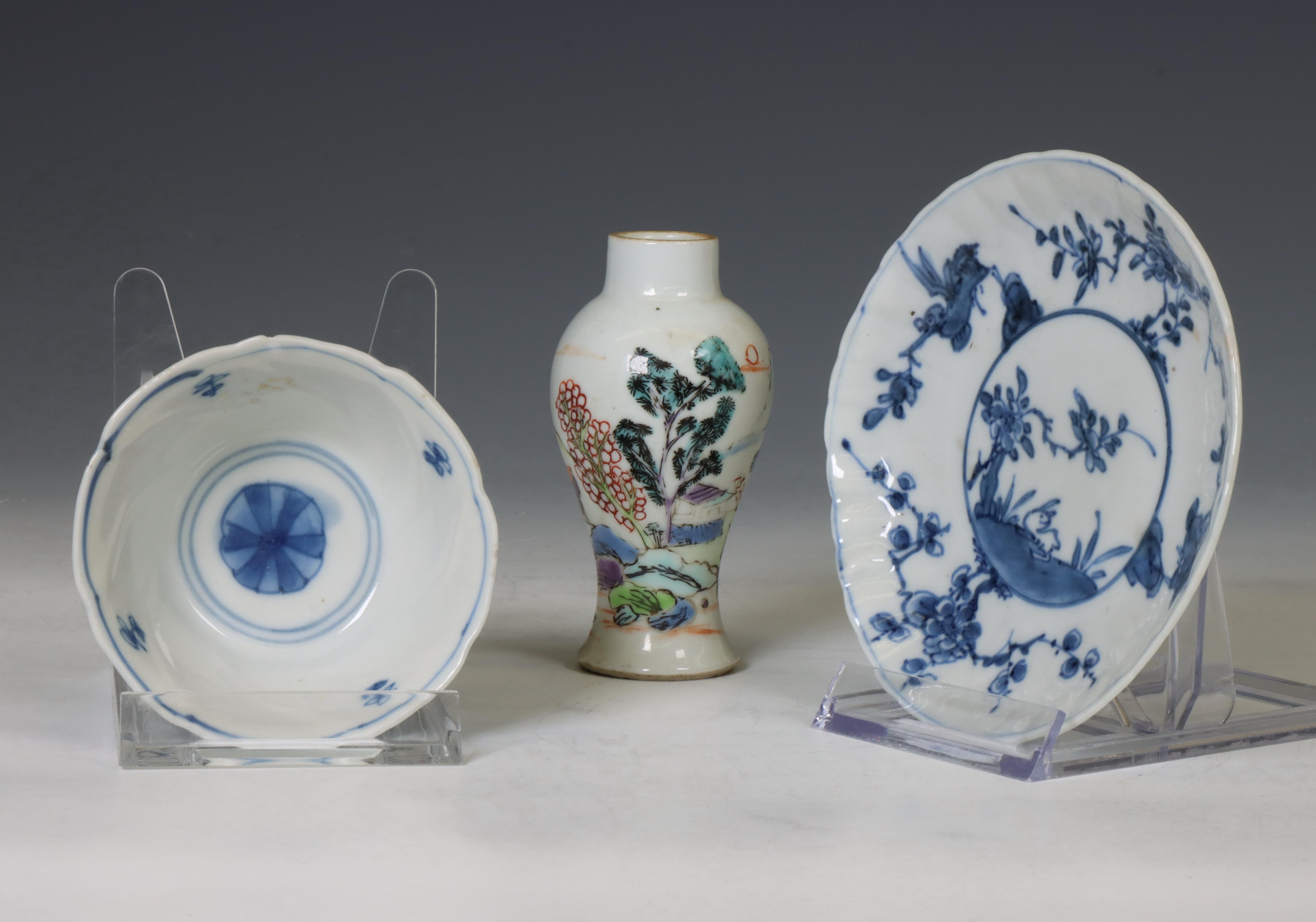 China, a blue and white tea bowl, a saucer and a famille verte miniature vase, 18th-19th century, - Image 2 of 3