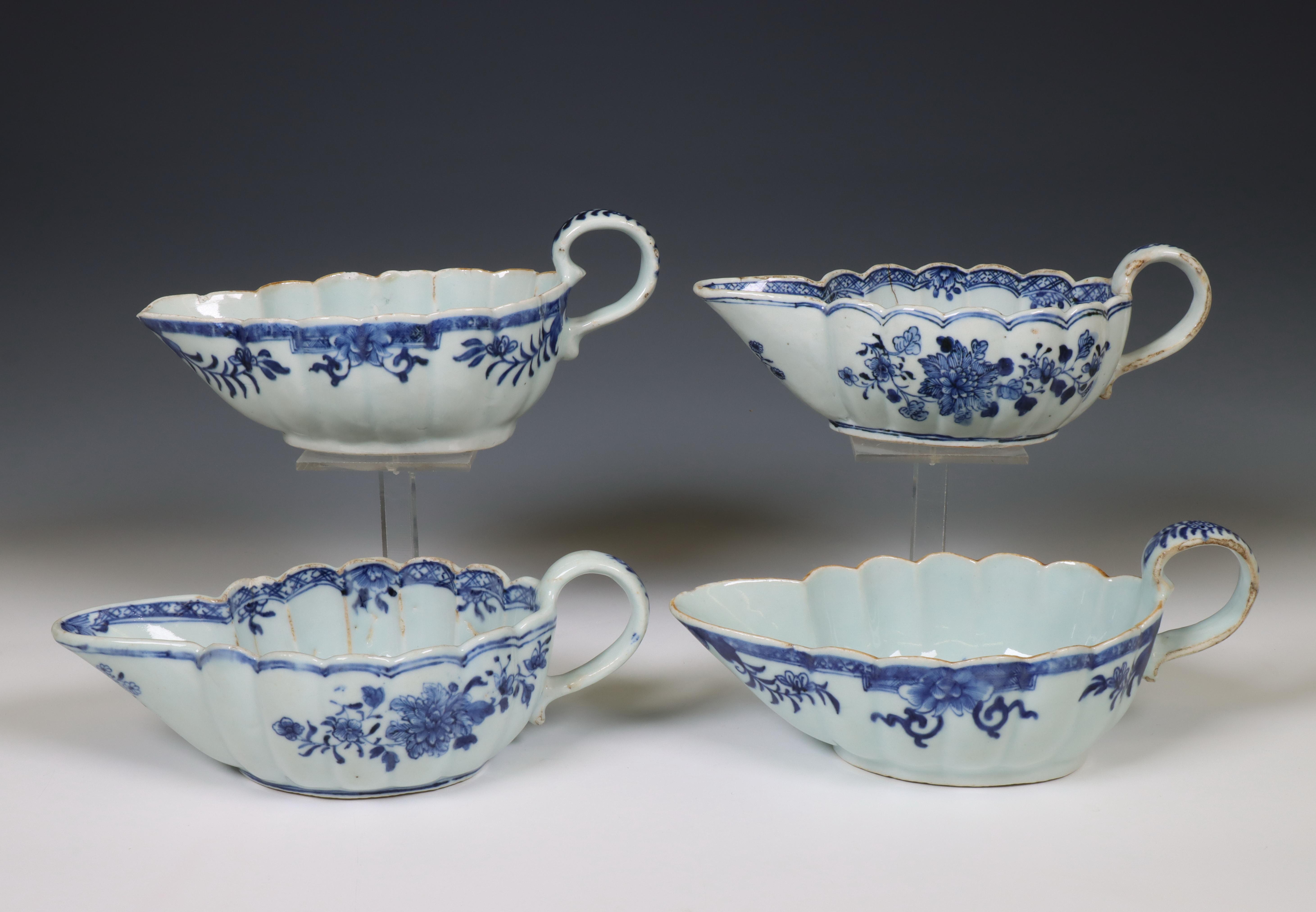 China, a set of three and a single blue and white porcelain sauce-boat, Qianlong period (1736-1795), - Image 3 of 3