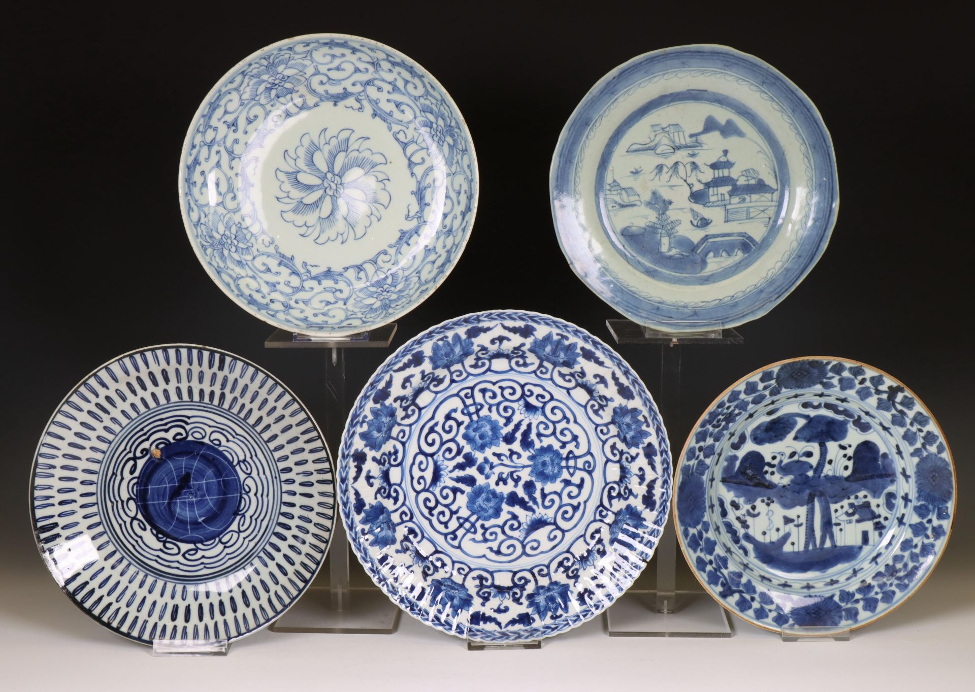 China, a collection of blue and white porcelain dishes, 18th century and later,