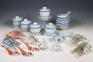 China, a collection of porcelain rice-bowls and spoons, modern,