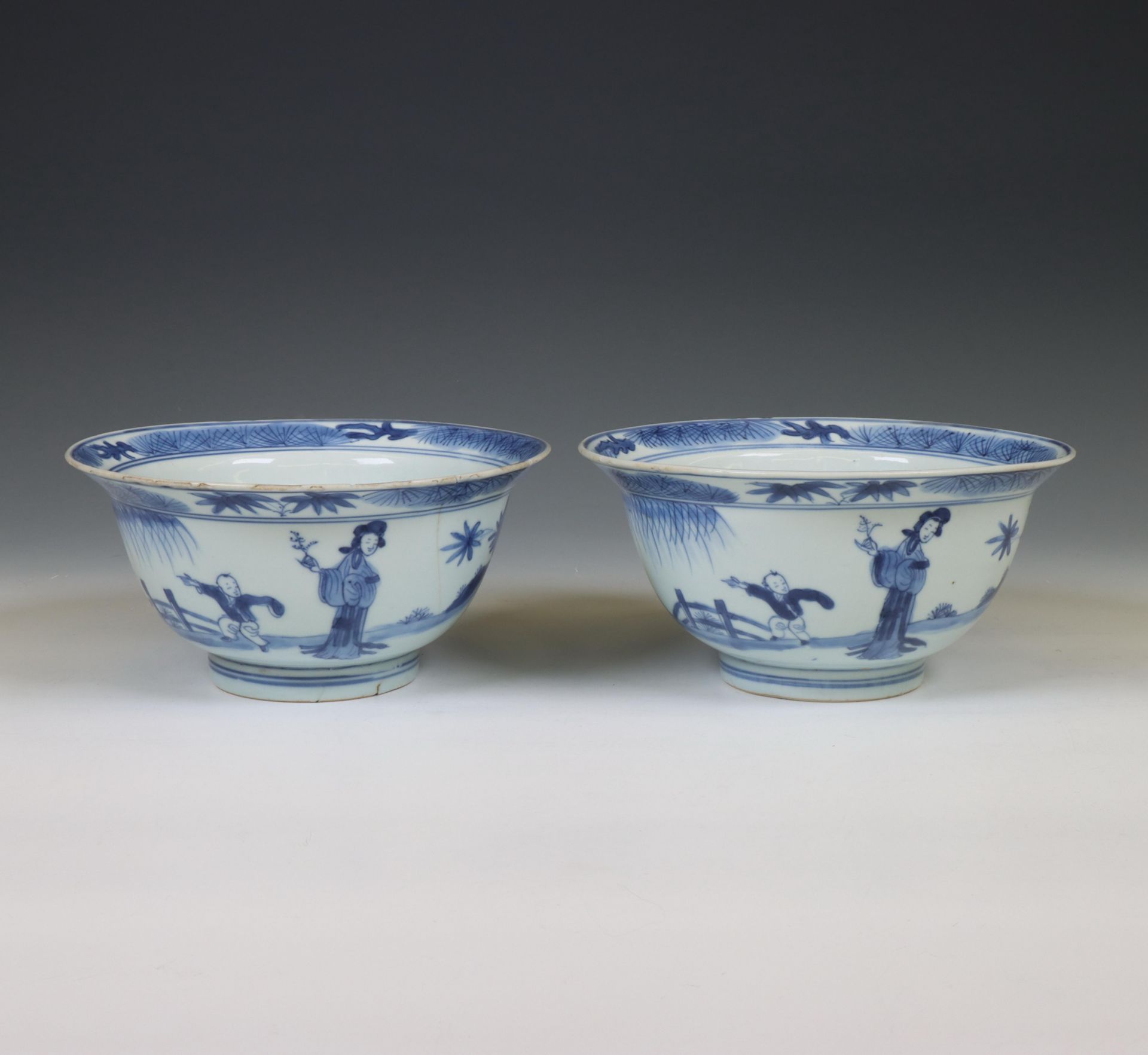 China, pair of blue and white porcelain bowls, Kangxi six-character marks and of the period (1662-17