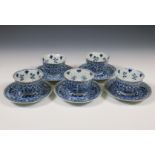 China, set of five blue and white porcelain cups and saucers, 18th/ 19th century,