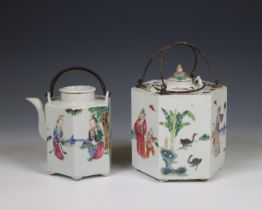 China, two famille rose porcelain hexagonal teapots, 19th century,