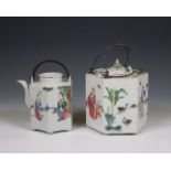 China, two famille rose porcelain hexagonal teapots, 19th century,