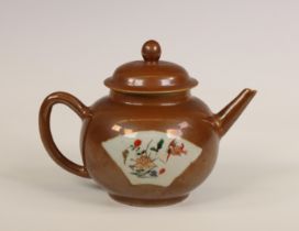 China, a famille verte café-au-lait-ground porcelain teapot and cover, 18th century,