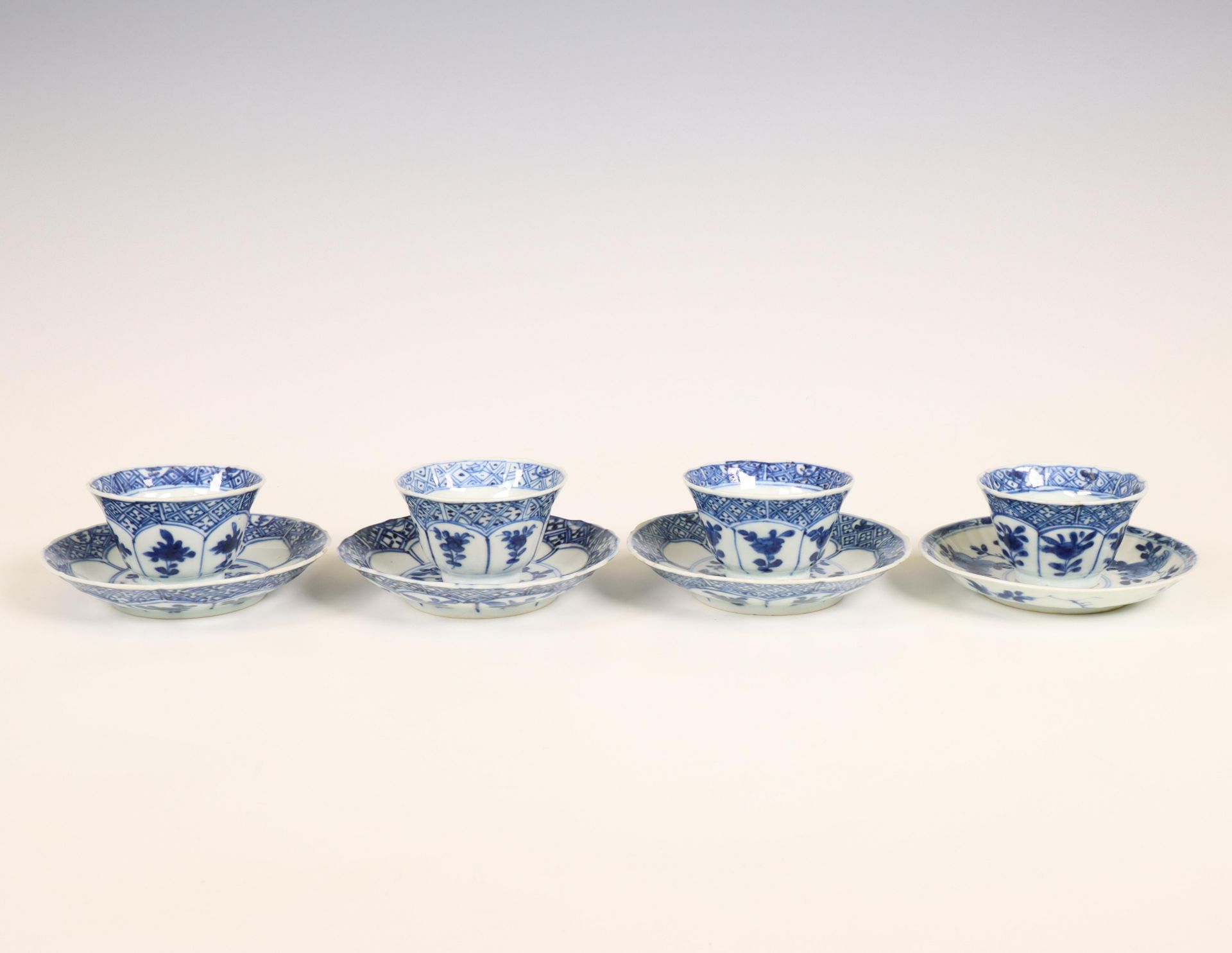 China, a small collection of blue and white cups and saucers, 18th century,