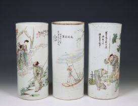 China, three famille verte porcelain cylindrical vases, modern,
