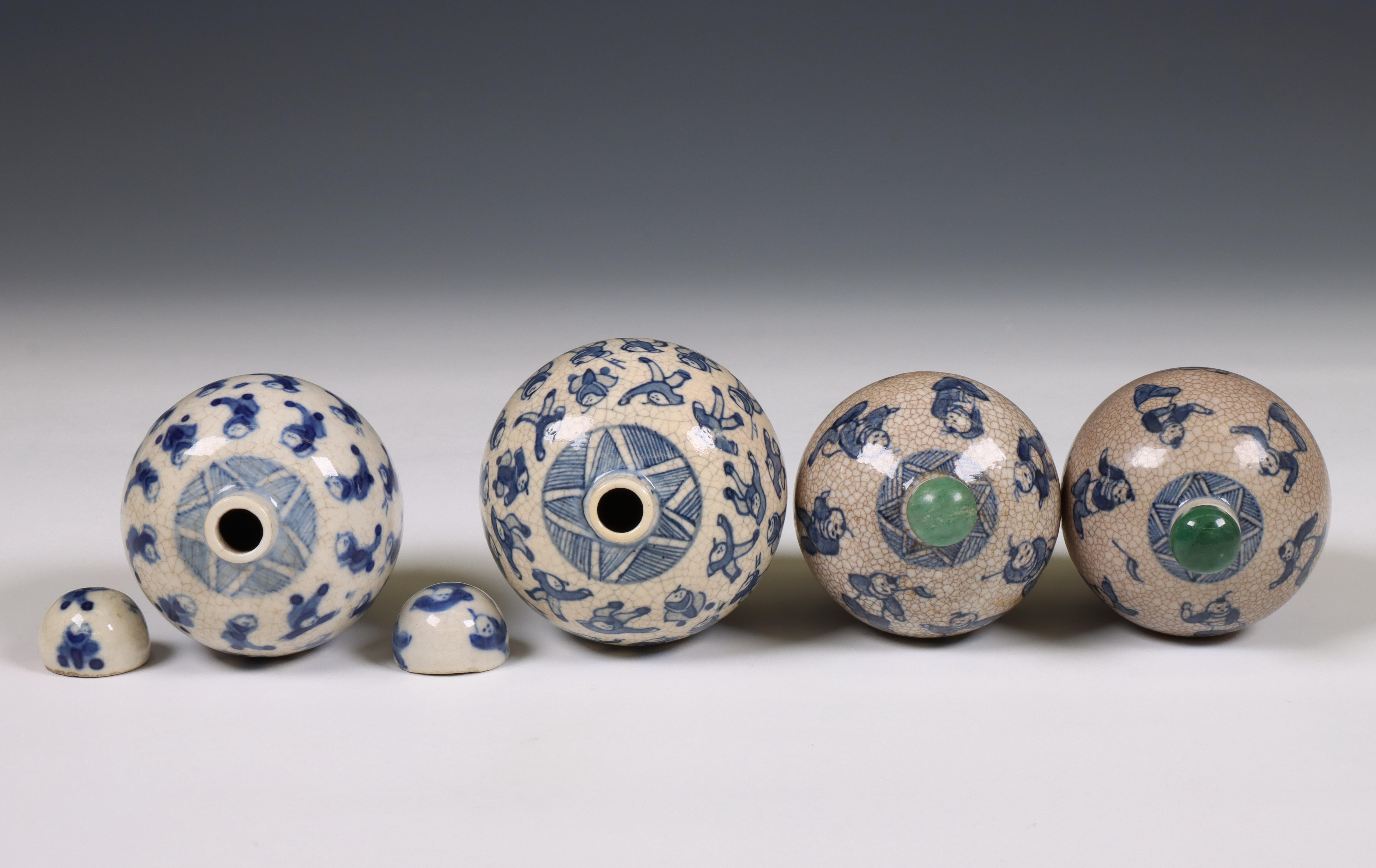 China, four soft paste blue and white 'one hundred boys' jarlets and covers, 19th century, - Image 3 of 5