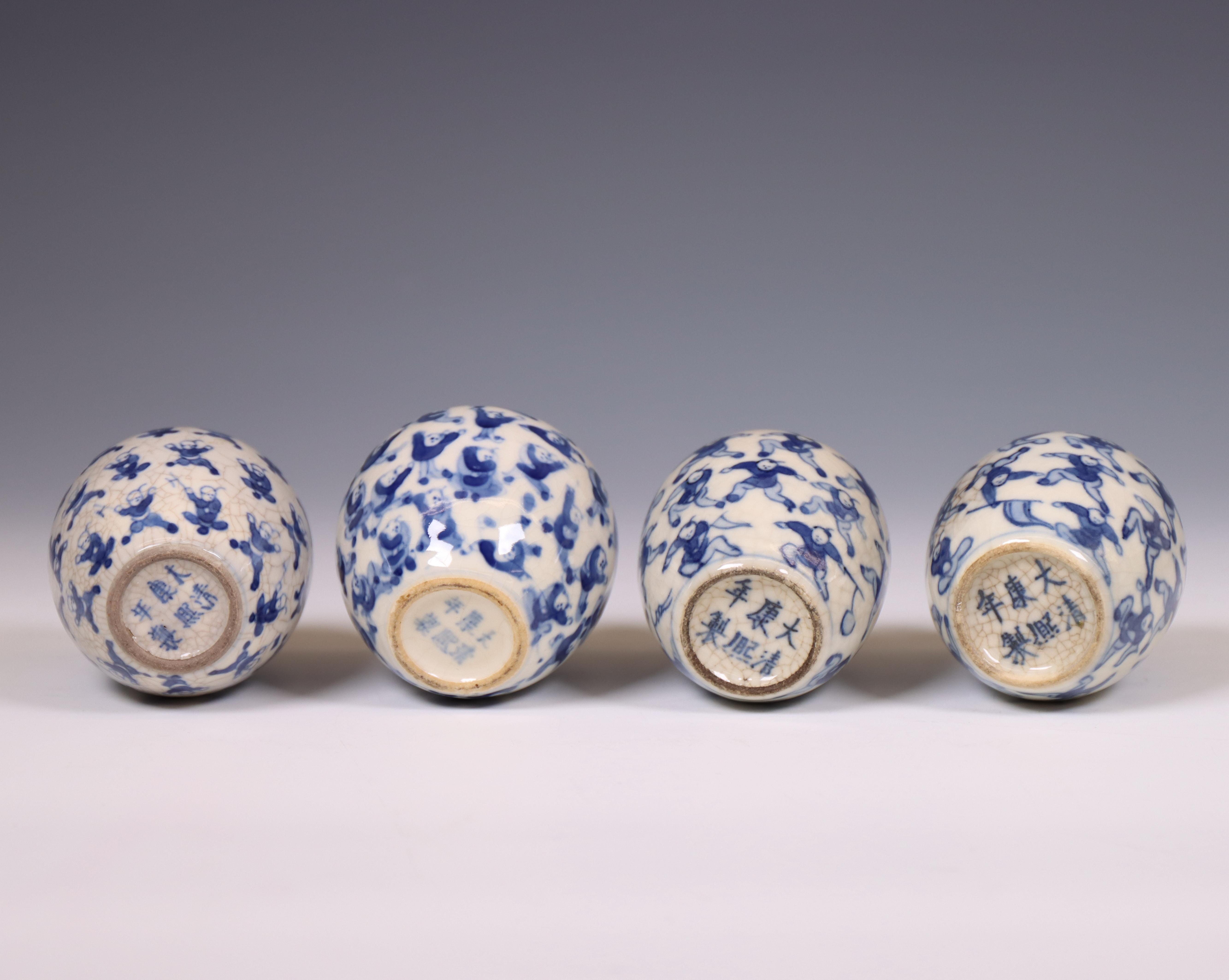 China, four soft paste blue and white 'one hundred boys' jarlets and covers, 19th century, - Image 9 of 11