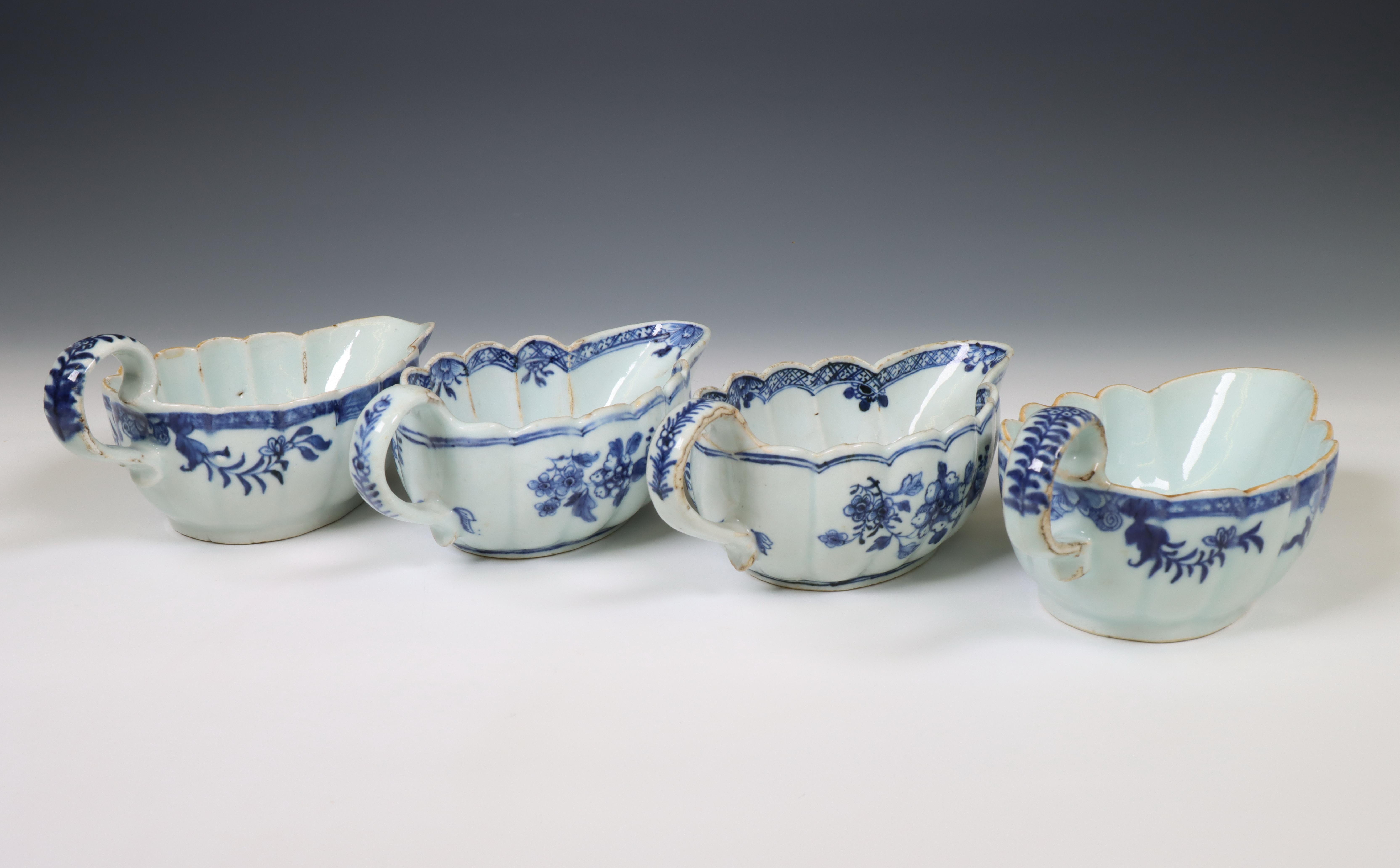 China, a set of three and a single blue and white porcelain sauce-boat, Qianlong period (1736-1795), - Image 2 of 3