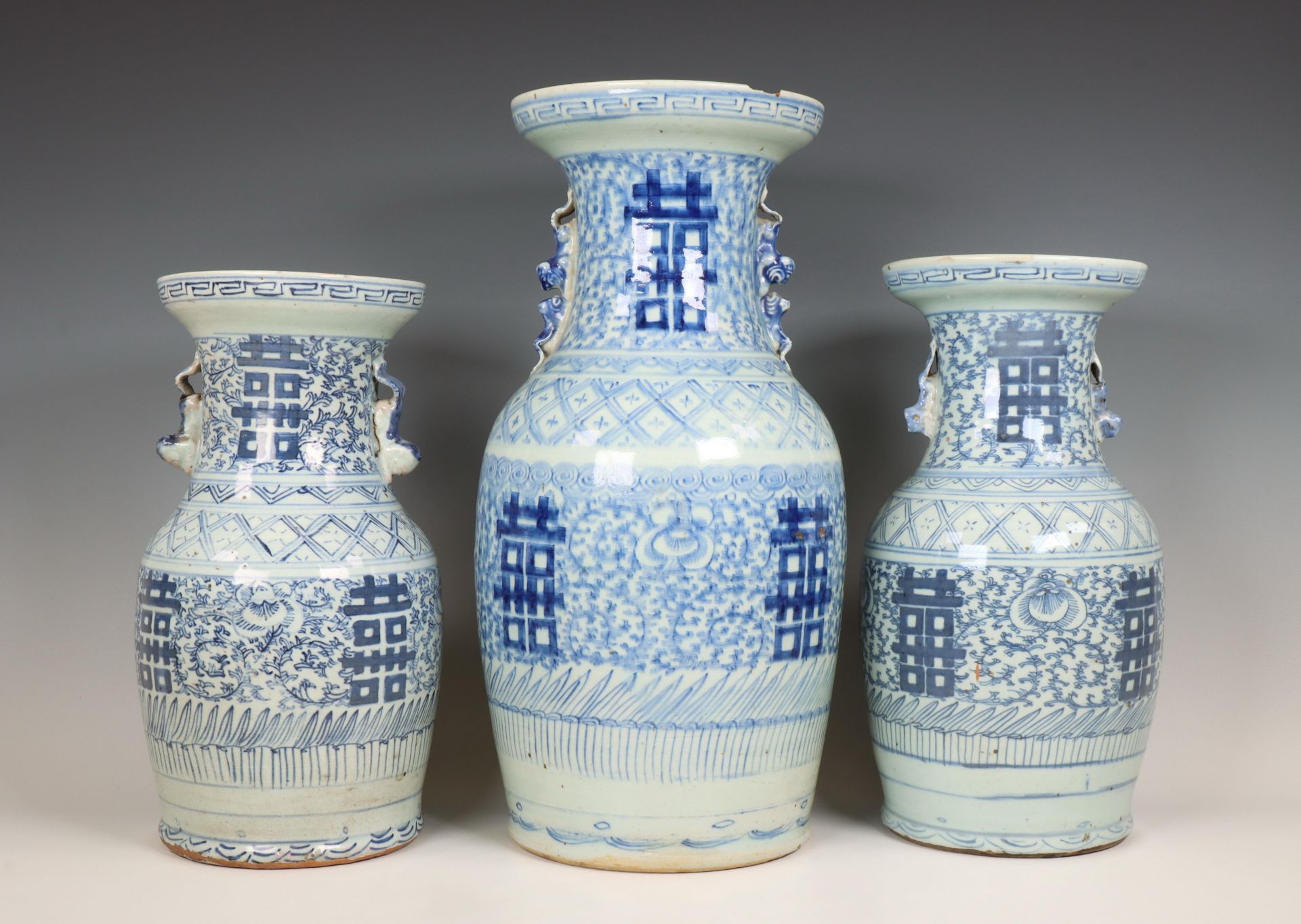 China, three blue and white porcelain vases, 20th century,