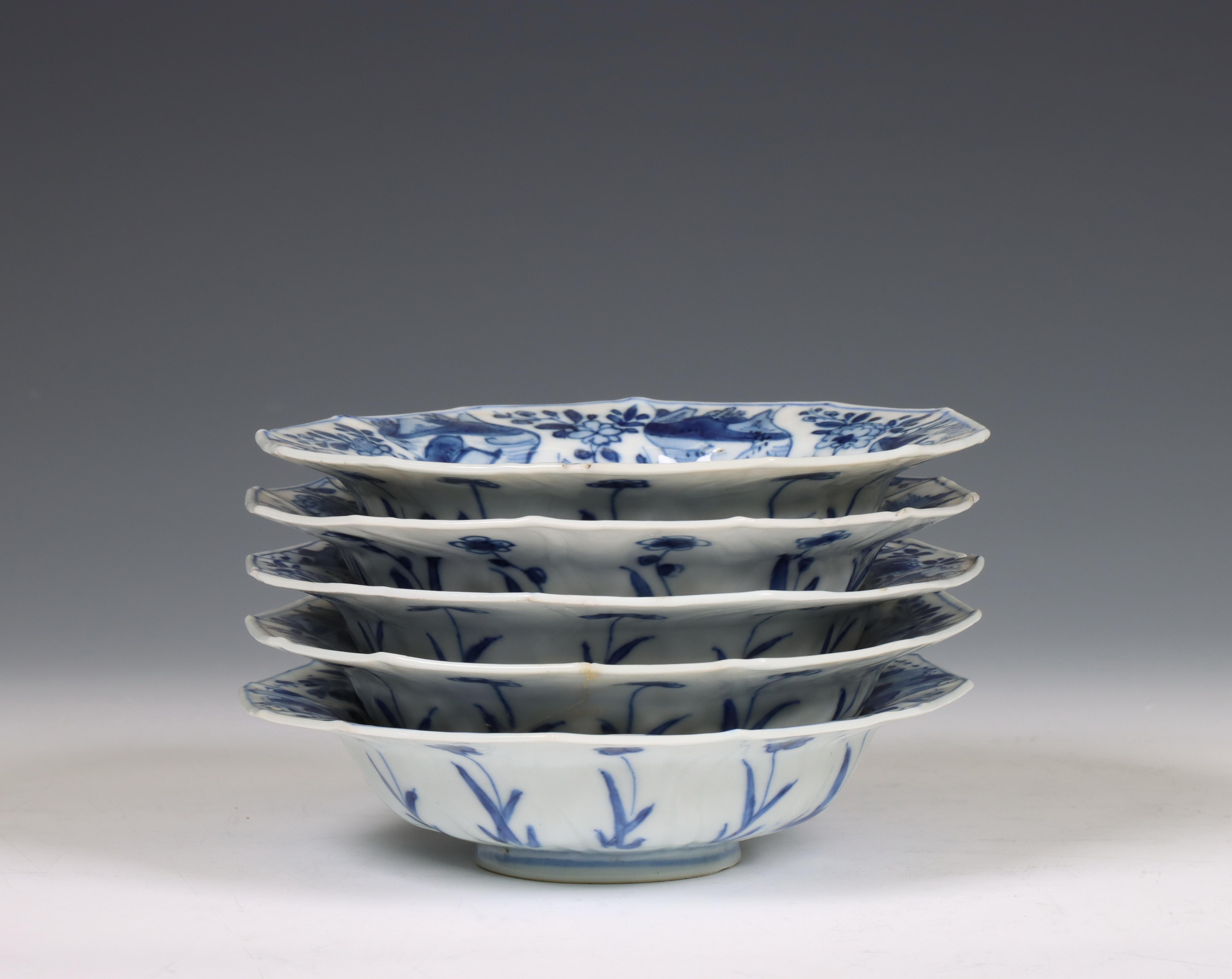 China, a set of five blue and white moulded deep saucers, Kangxi period (1662-1722), - Image 2 of 3