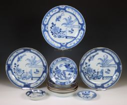 China, a collection of blue and white porcelain 'Cuckoo in the House' dishes, 18th century,