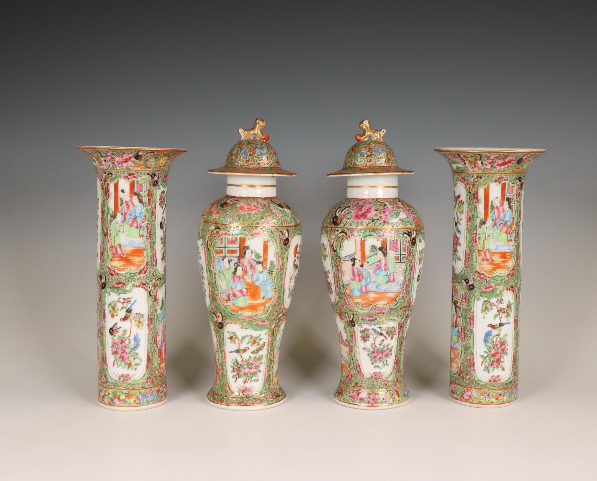 China, a four-piece Canton famille rose porcelain garniture, 19th century,