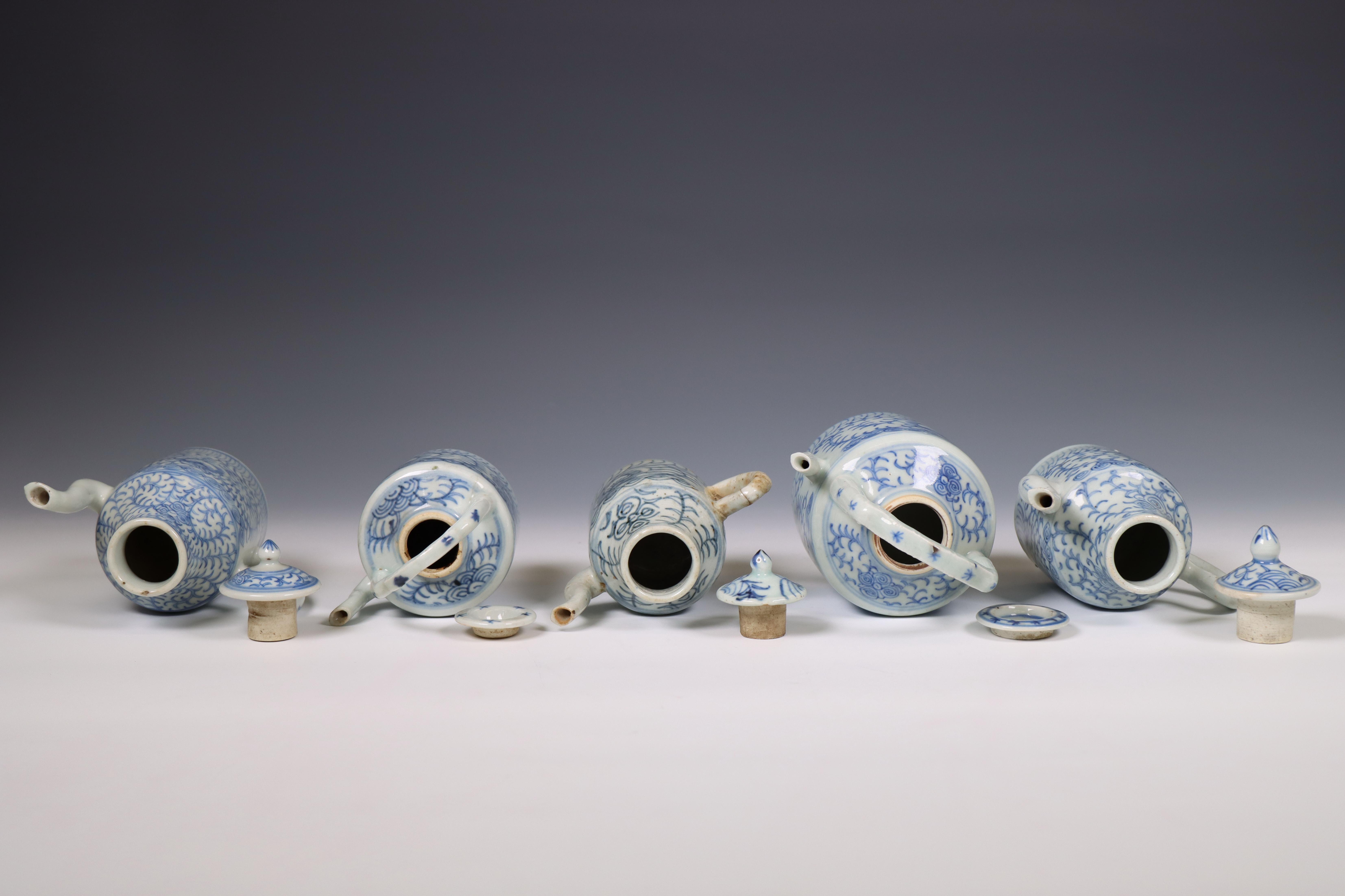 China, a collection of five blue and white porcelain teapots and milk-jugs and covers, 20th century, - Image 3 of 4