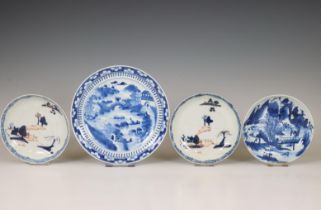 China, four blue and white 'landscape' saucers, 18th century and later,