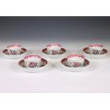 China, a set of five famille rose porcelain cups and saucers, late 18th century,
