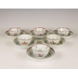 China, a set of six famille rose porcelain Lowestoft cups and saucers, late 18th century,