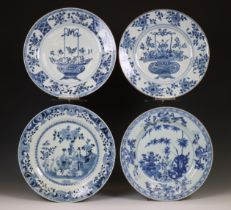China, four various large blue and white porcelain plates, 18th century,