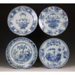 China, four various large blue and white porcelain plates, 18th century,