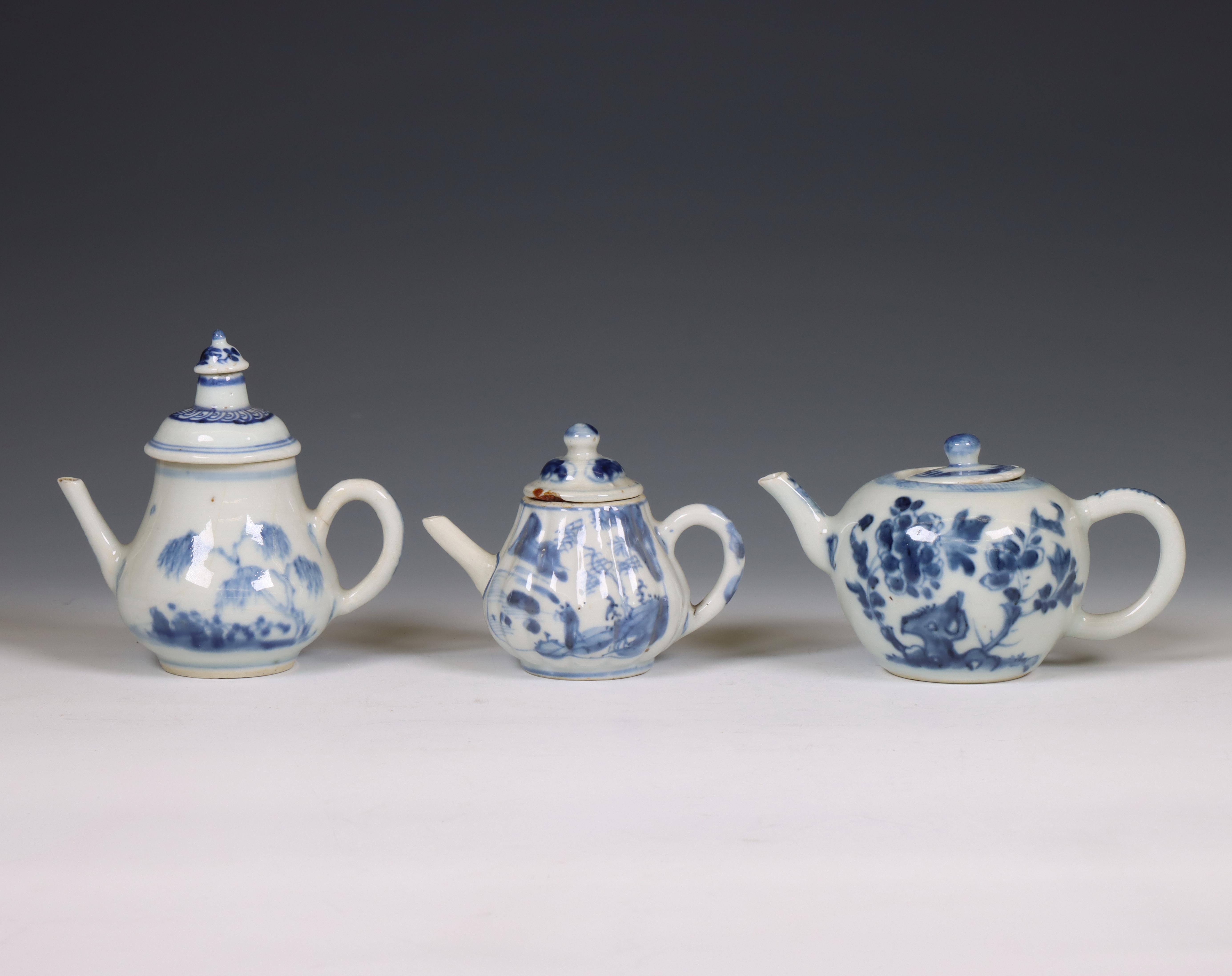 China, three blue and white porcelain teapots, 18th century,