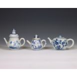 China, three blue and white porcelain teapots, 18th century,